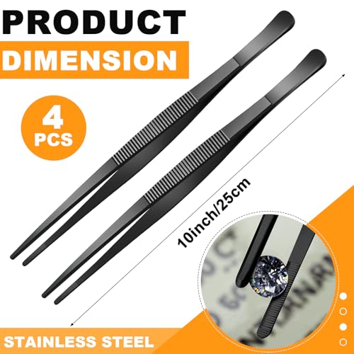 4 Packs 10 Inch Cooking Tweezers Bar Kitchen Tongs (10 Inch / Black)