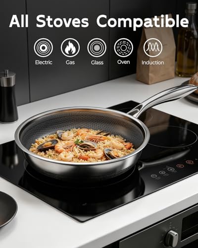 8, 10, 12 Inch Stainless Steel Frying Pan Set, Honeycomb Hybrid Nonstick Skillet for Induction & All Cooktops, PFAS/PFOA/PTFE Free, Oven Safe 500°F, Silver