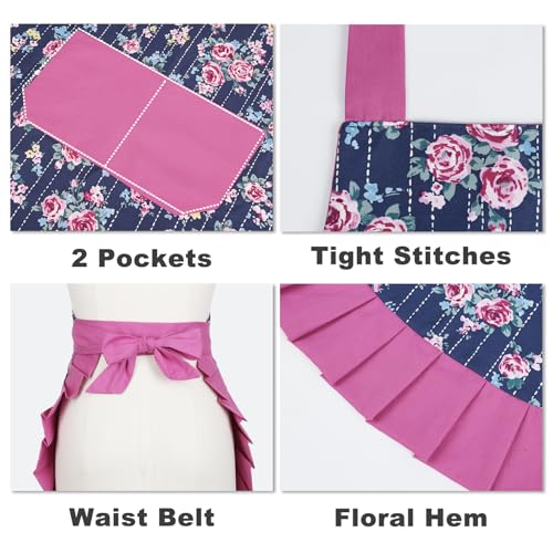 Kitchen Aprons for Women with 2 Pockets (Navy Floral-adult)