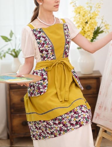 Kitchen Aprons for Women with Pockets Cute Floral Chef Pinafore Apron for Gardening Cooking Baking Painting (Mustard)