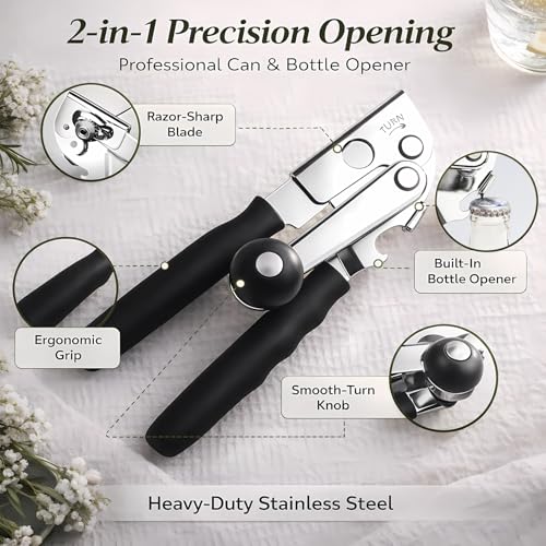 Heavy Duty Manual Can Opener for Seniors & Adults with Magnetic Lid Lifter (Black)