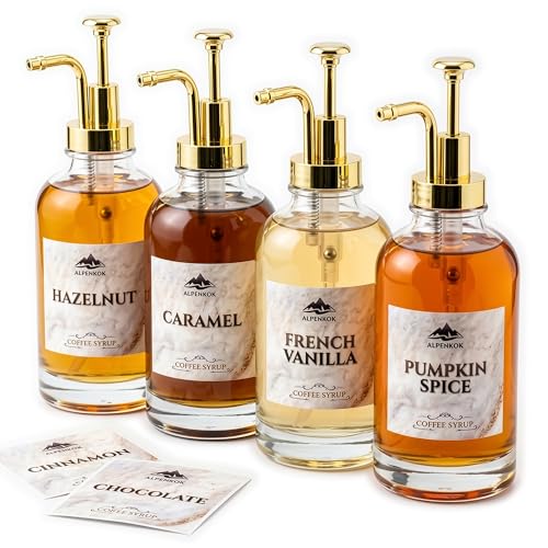Set of 4 Glass Syrup Bottles with Pumps (Gold)