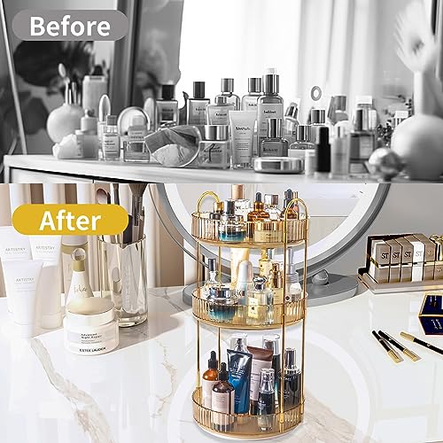 360 Rotating Makeup Organizer for Vanity (Gold / 3 Tier)