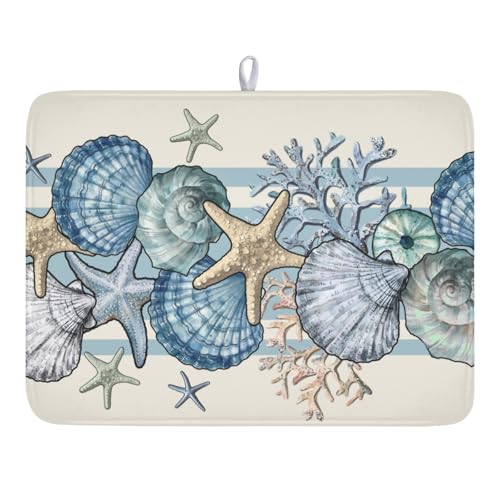 Nautical Coastal Dish Drying Mat for Kitchen Counter Summer Beach Seashell Starfish Microfiber Dish Drainer Mat Ocean Blue Pattern Absorbent Washable Drying Pad Extra Large 18"x24" (Summer Seashell / 24" x 18")
