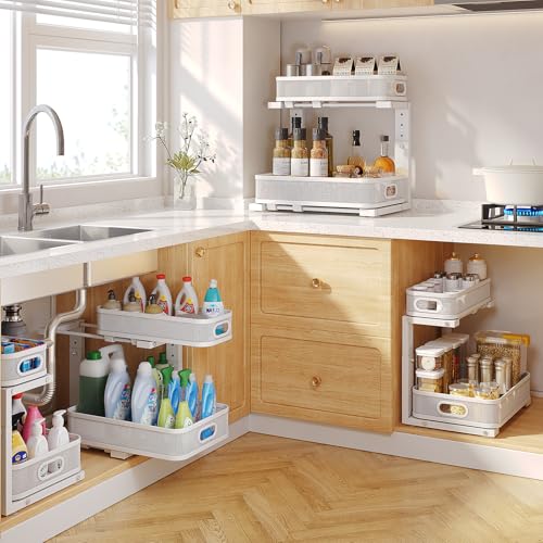 2 Pack Under Sink Organizer With Smooth Cylindrical Rail (White / 2 Pack-15.7"Depth)