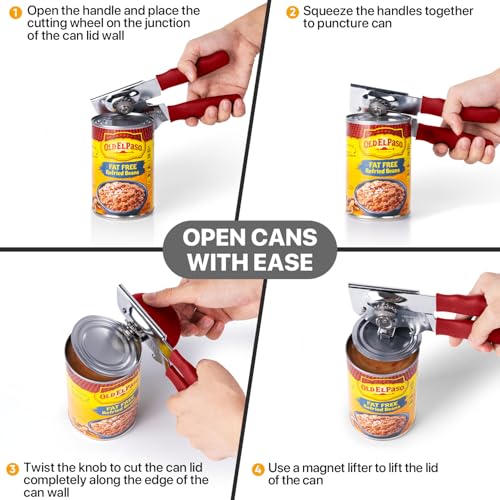 Heavy Duty Hand Can Opener with Comfortable Grip for Seniors (Red)