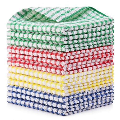 12 Pack 100% Cotton Kitchen Dish Cloths (Blue, Green, Red, Yellow / 12"x12" - 12 pcs)