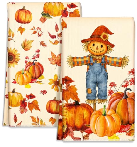 Fall Microfiber Kitchen Towels Set of 2 (Off-white Straw Pumpkin)