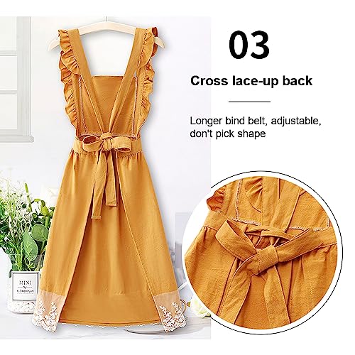 Cute Cotton Apron Frilly Lace Ruffle Adjustable Pinafore Apron Dress with Pockets for Cooking Baking Cleaning Gardening (Yellow)