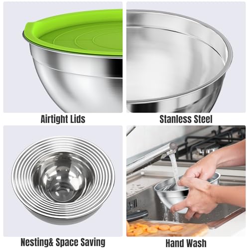 Stainless Steel Mixing Bowls Set with Lids & 3 Grater Attachments (Multicolor)