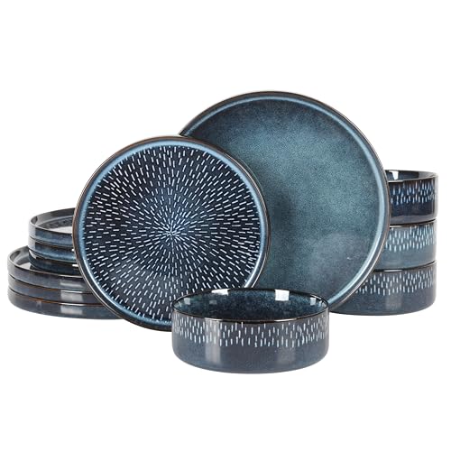 12 Piece Matisse Moderna Stoneware Reactive Glaze Plates and Bowls Dishes Dinnerware Set (Cobalt Blue (Moderna) / Service for 4 (12pcs))