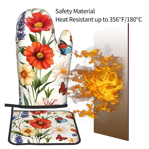 Cute Oven Mitts and Pot Holders Sets Poppy Daisy Flowers Kitchen Gloves Lavender Butterfly Hot Pads 2 Pieces Set Spring Summer Floral Kitchen Decor and Accessories (Poppy Daisy Lavender With Butterfly)