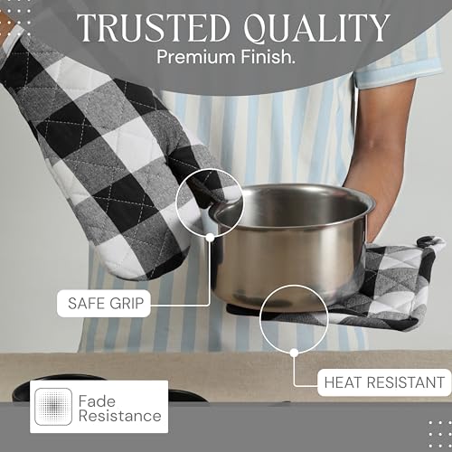 Oven Mitt & Pot Holder Buffalo Plaid Check 100% Cotton Heat Resistant Oven Gloves (Black, Buffalo Plaid)