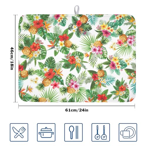Summer Tropical Dish Drying Mat for Kitchen Counter Hawaii Palm Leaves Floral Pineapple Microfiber Dish Drainer Mat Rustic Absorbent Washable Drying Pad Extra Large 18"x24" (Summer Tropical / 24" x 18")