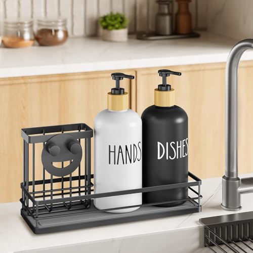 Kitchen Dish Soap Dispenser Set (Black Tray+black&white Bottle)