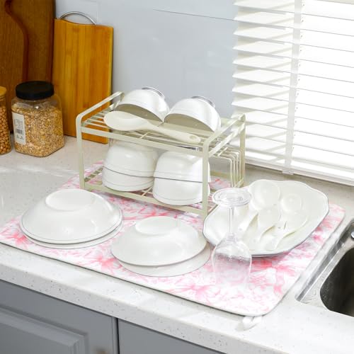 2 Pcs Pink Bow Dish Drying Mats for Kitchen Counter 18 x 24 Inch (Pink Bow)