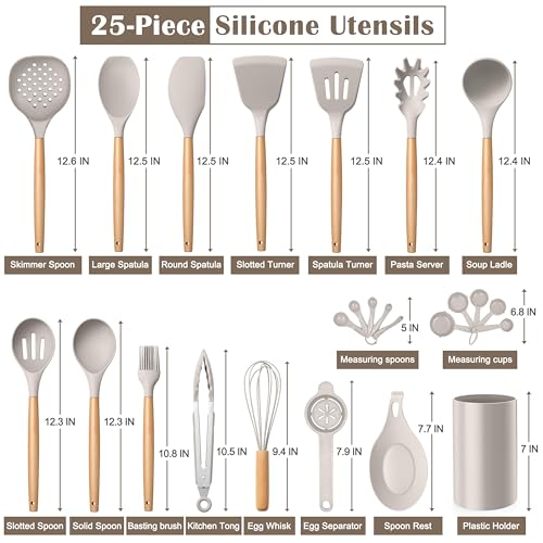 Cooking Utensils Set with Holder & Heat Resistant Wood Handle (25 / Khaki)