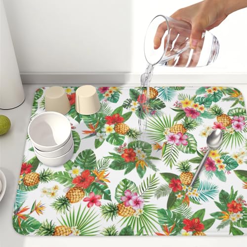 Summer Tropical Dish Drying Mat for Kitchen Counter Hawaii Palm Leaves Floral Pineapple Microfiber Dish Drainer Mat Rustic Absorbent Washable Drying Pad Extra Large 18"x24" (Summer Tropical / 24" x 18")