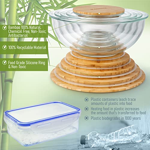 Stackable Glass Mixing Bowls with Bamboo Lids Set of 5 (Natural)