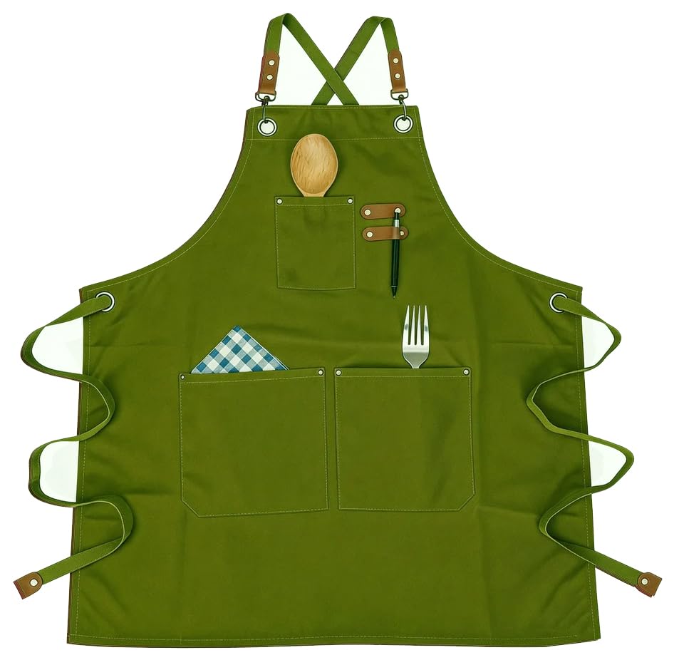 Canvas Cross Back Chef Cotton Apron for Men Women (Olive Green)