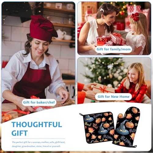 Halloween Pumpkin Autumn Maple Leave Oven Mitts and Pot Holders Sets Heat Resistant 4Pcs Potholders Oven Gloves Hot Pads for Kitchen Baking Cooking Grilling BBQ (Halloween Pumpkin Autumn Maple Leave)