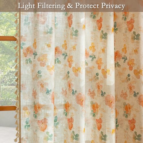 Floral Boho Linen Curtains 63 inch Length 2 Panels Set Spring Vintage Farmhouse Orange Patterned Window Drapes with Tassels Semi Sheer Light Filtering Back Tab for Girls Bedroom (Orange / 50"W x 63"L (Pack of 2))
