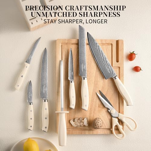 Damascus Kitchen Knife Set 14 Pieces with Shears & Sharpener (White / 14 Pieces)