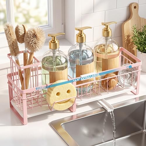 Extra Large Extendable Sponge Holder for Kitchen Sink Caddy Organizer (Pink)