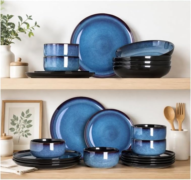 Ceramic Dinner Plates Set of 6 (10.5 Inch for 6 / Reactive-Blue)