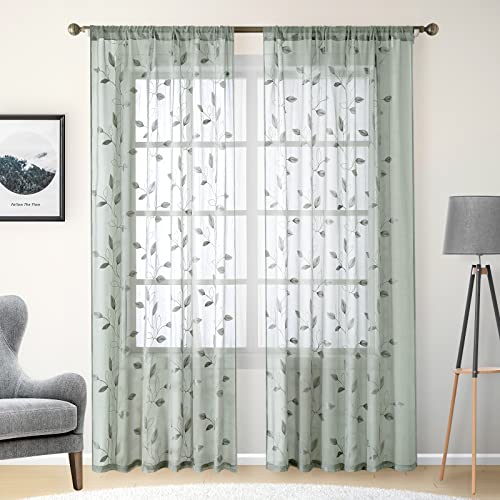 Sage Green Sheer Curtains Leaf Embroidered (52"W x 96"L (Pack of 2) / 1-sage Green)