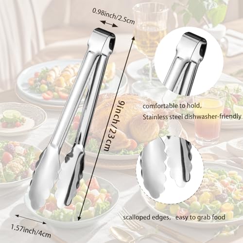 6pcs Stainless Steel Serving Tongs Gold or Silver Plated 9inch Heavy Duty Durable BBQ Clamps Design for Weddings Parties Banquets Buffets Family Gatherings Kitchen Cooking Serving Clip (Silver)