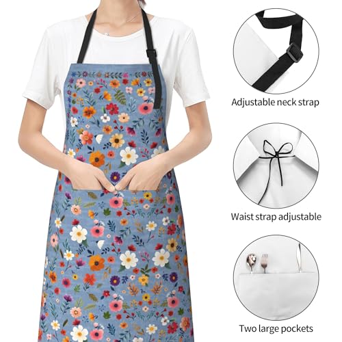 Flower Apron with 2 Pockets Blue Adjustable Neck Strap Chef Apron for Women Cooking Garden Painting (33" x 28"(Pack of 1) / Watercolor Flowers Blue)