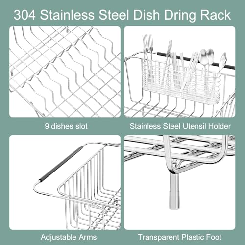 Over Sink Dish Drying Rack for Medium to Large Sink (304 Stainless Steel - 13 dishes)
