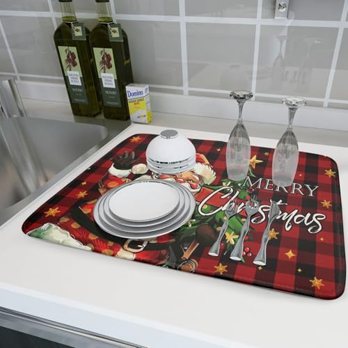 Merry Christmas Santa Claus Red Buffalo Plaid Dish Drying Mat for Kitchen Counter (18" x 24")