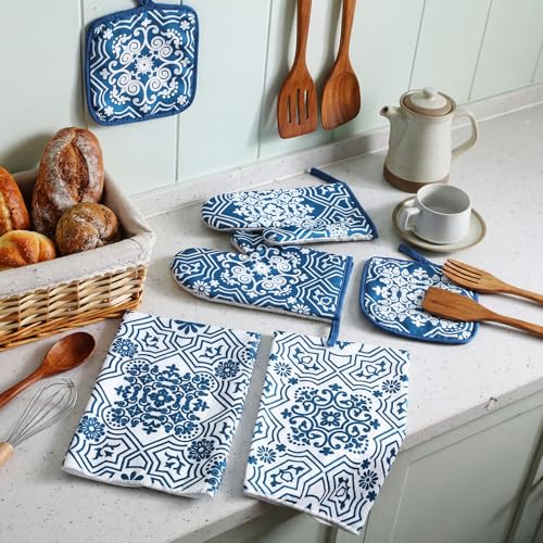 6 Pcs Kitchen Decor Set Accessory Farmhouse Kitchen Towels Pot Holders Oven Mitts Set 2 Dish Towels 2 Pot Holders 2 Cooking Mittens Oven Glove for Cooking (Blue,white / Chinoiserie Printed)