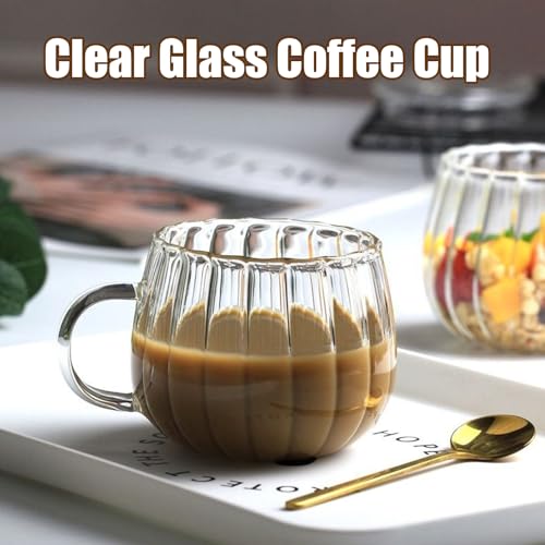 12oz Clear Glass Coffee Mugs Set of 6 Ribbed Coffee Cups With Handles Modern Cute Glass Tea Mug Cup for Hot Beverage (Ribbed)