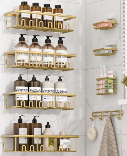 8 Pack Adhesive Bathroom Holders & Dispensers for Kids & Adults (Gold)