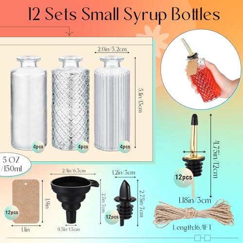 12 Sets Coffee Syrup Dispenser Bottles Glass Syrup Dispenser Container with Pour Spout Dust Lids Labels Funnel Christmas Coffee Bar Accessories for Honey (Basic Style)