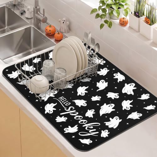 Halloween Dish Drying Mat Kitchen Countertop (BlackWhite / 23" x 15")