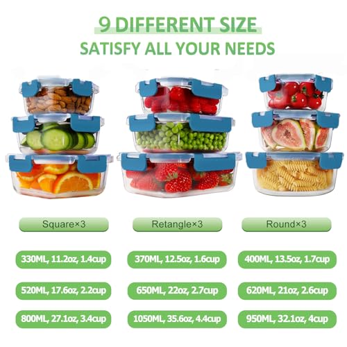 18 Piece Glass Food Storage Containers with Snap Locking Lids for Meal Prep (Deep Blue / 9 Pack)