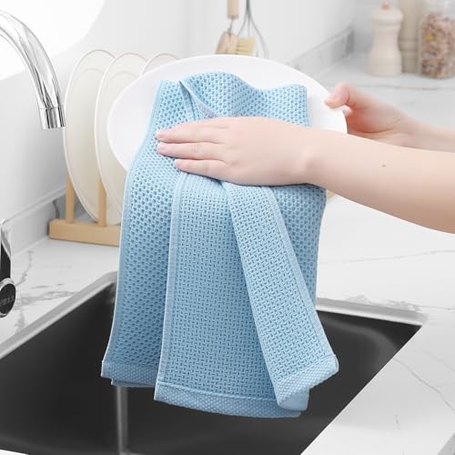 100% Cotton Waffle Weave Kitchen Dish Towels 6 (Sky Blue / 13 X 28 - 6 Pack)