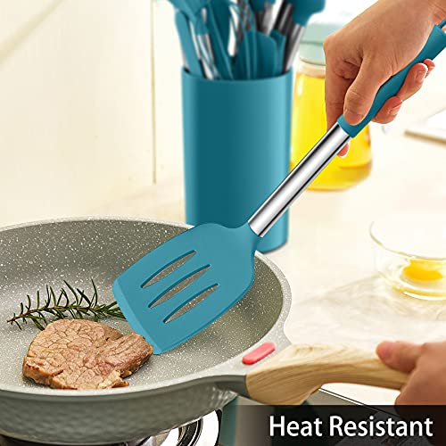 15 Piece Kitchen Cooking Utensils Set with Holder (Dark Blue)