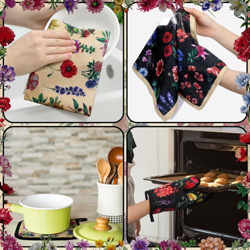 6 Pcs Vintage Flower Kitchen Towels Oven Mitts and Pot Holders (Cute Color / Vintage Wildflower)