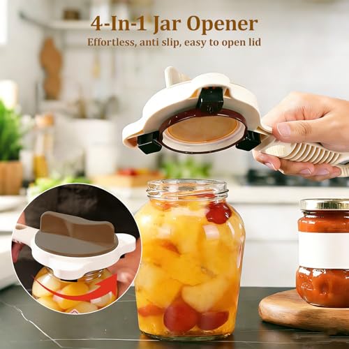 2026 Adjustable 4‑in‑1 Jar Opener with Red Wine Corkscrew & 2 Can Opener (Beige)