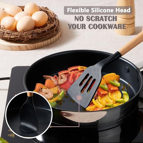 Silicone Cooking Utensils Set with Heat Resistant Wood Handle (10 / Black)
