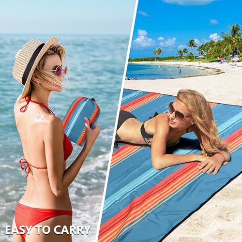 Beach Blanket Mat Waterproof Sandproof for 2 (Stripes - Green Orange / 79" X 83"（1-4person）)