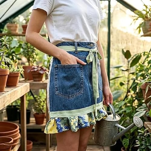 Adjustable Denim Half Apron with Floral Ruffle Hem (B)