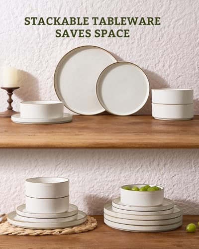 Nebula 16 Piece Stoneware Dinnerware Set with Pasta Bowls (Matte Beige White with Brown Rim / Service for 4 (Include Pasta Bowls))