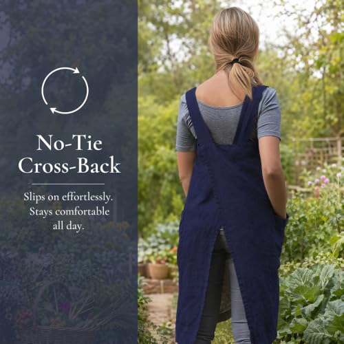 Cross Back Linen Cotton Apron with Pockets (XX-Large / Blue)