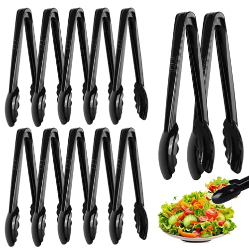 12 Pc Serving Tongs 9 Inch Bulk Reusable or Disposable Plastic Tongs Heavy Duty Hard Plastic Serving Utensils Set Large Salad Tong for Kitchen Party Food Buffet Appetizer Catering (Black)